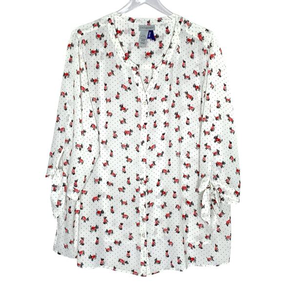 Catherines 1X NEW Womens Plus Scottie Dog in Sweater Print Top Blouse Petite - Picture 1 of 9
